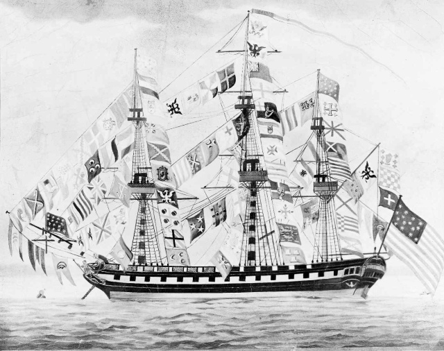Abb.  1: US Fregatte United States mit Fest-Beflaggung - vermutlich nach dem Stapellauf im Delaware River (Unknown, 1797 (?))