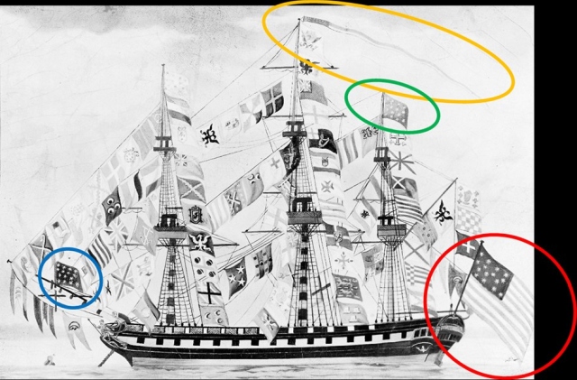 Abb.  2: rot: Ensign; Gelb: Commission Pennant; blau: der Jack; grün: möglicherweise ein Burgee – kein Broad Pennant gesetzt.
