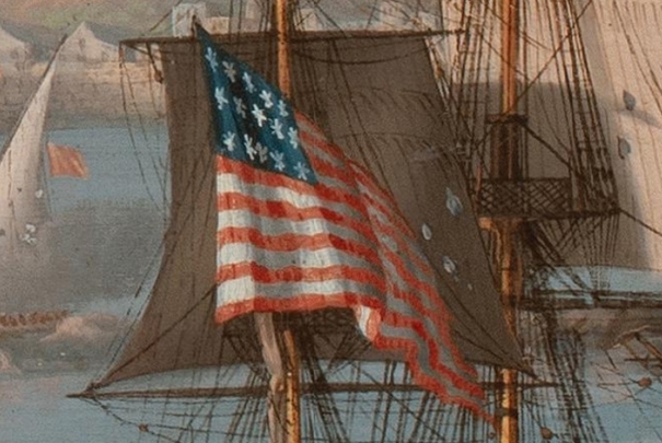 Abb.  4: Detail im Tripoli Gemälde - Ensign der US Frigate Constitution -15 Sterne ! (Cornè M. F., Bombardement of Tripoli - painted 1805 - Maine Hist. Soc., 1805)