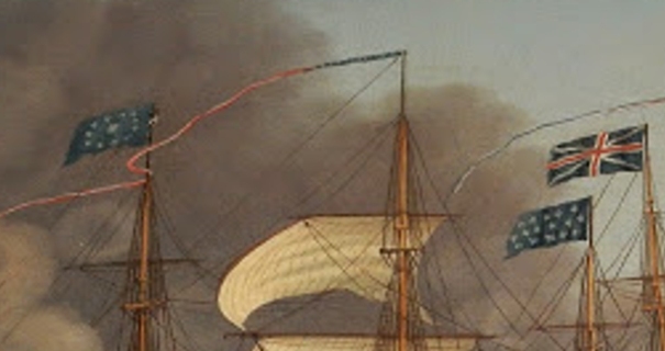 Abb.  16: Burgees an Vor- und Besanmast der US Fregatte Constitution während des Gefechtes mit HMS Guerriere (Cornè M. F., Action between USS Constitution and HMS Guerriere, 19 August 1812 )