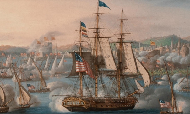 Abb.  17: US Fregatte Constitution zeigt ihre Flaggen (Cornè M. F., Bombardement of Tripoli - painted 1805 - Maine Hist. Soc., 1805)