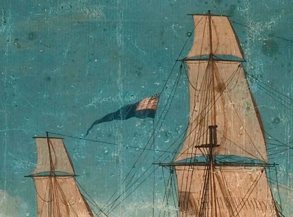Abb.  19: Cmdr. Preble's Broad Pennant von 1803 - mit der US Flagge im Wimpel? (Cornè M. F., Painting: Constitution, 1803)
