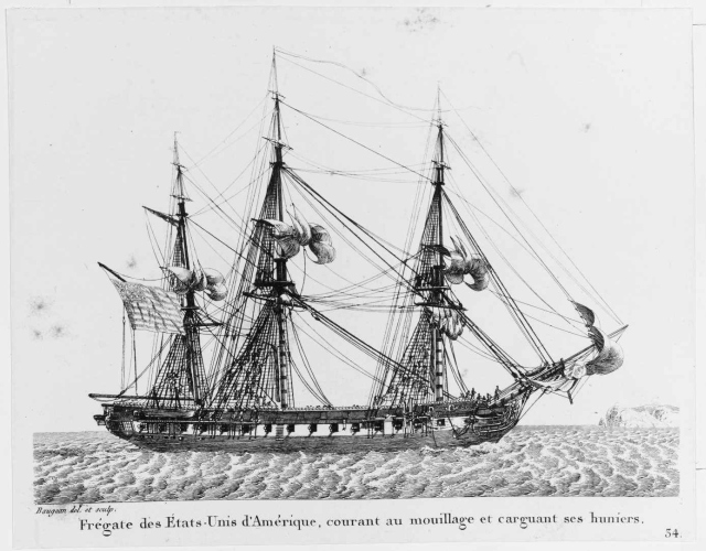 Abb.  20: Baugeans Amerikanische Fregatte - vermutlich USS President – mit Ensign und Commission Pennant (Baugean, 1817 (?))