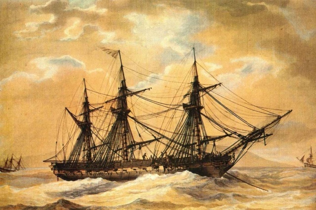 Abb.  21: Antoine Roux - USS President riding a storm - mit Broad statt Commision Pennant (Roux, The frigate President riding out a storm in 1802, 1802)