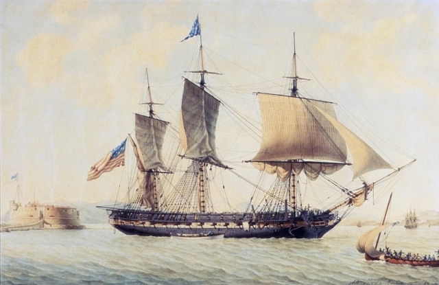 Abb.  22: USS President zeigt ein blaues Broad Pennant - also den Senior Squadron Leader. (Roux, USS President entering the Harbor of Marseille, 1803)
