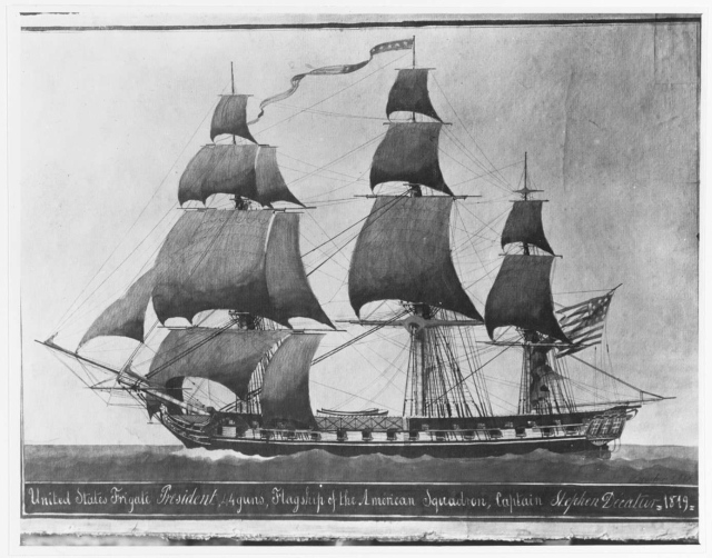 Abb.  23: USF President 1819 - ohne Kommodore an Bord, also nur mit dem Commision Pennant und Ensign (Boucher, 1819)
