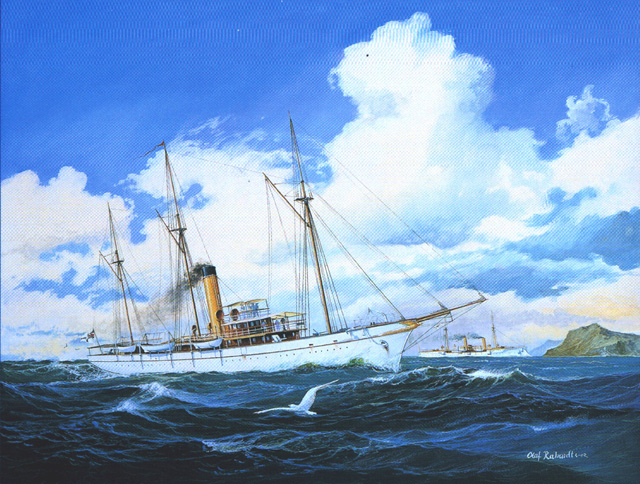 Kanonenboot RESTAURADOR. Gemälde von Marinemaler Olaf Rahardt, Gouache/Tempera, 2002, im Hintergrund der Kreuzer SMS Gazelle